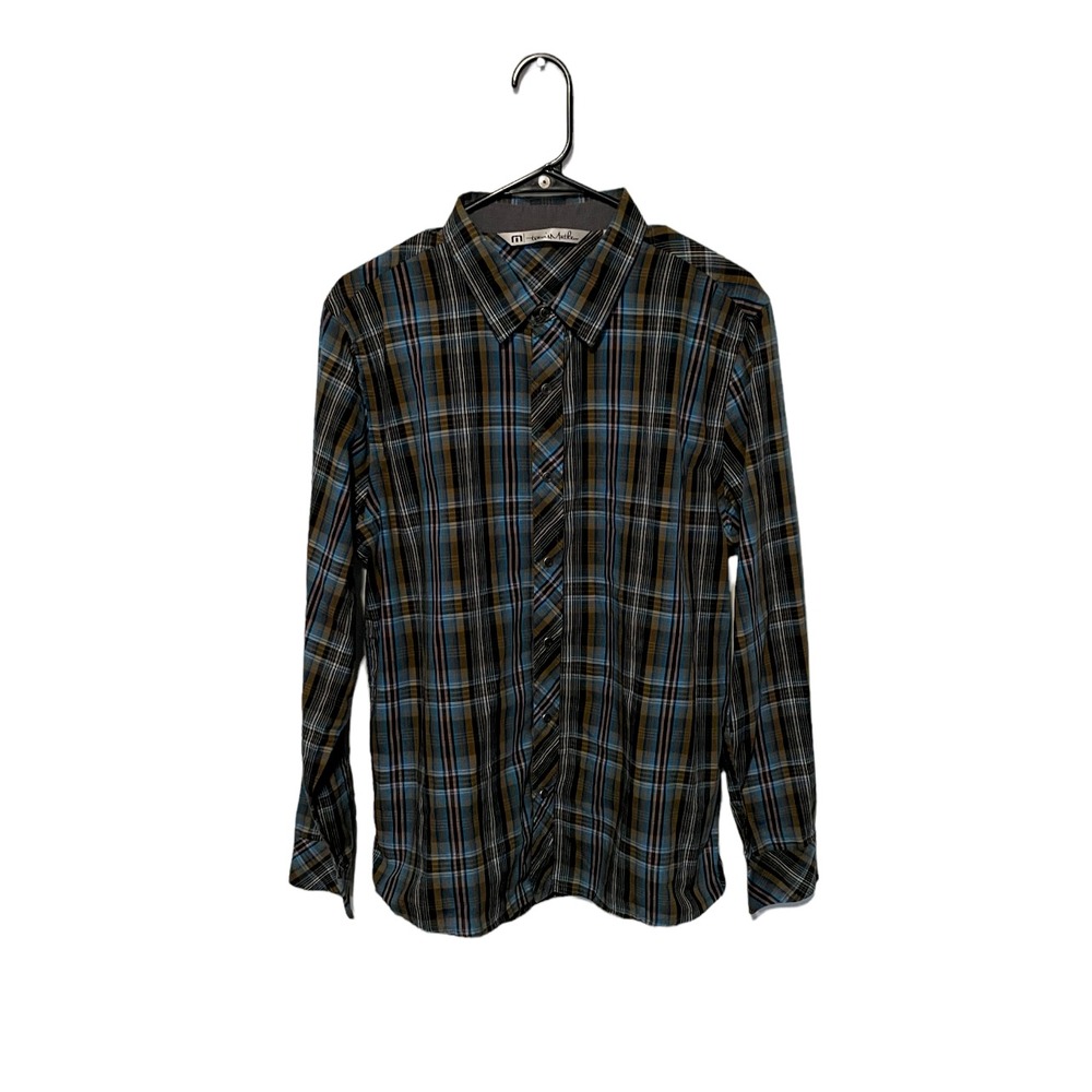 Travis Mathew Shirt Mens Large Blue Brown Plaid Long Sleeve Snap Button Golf